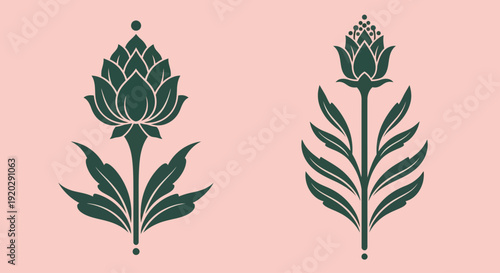Graphic illustrations of stylized lotus flowers with leaves on a soft background viewed from directly above showcasing serene botanical elements