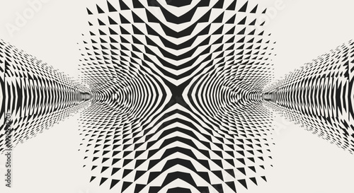 Symmetrical black and white optical illusion pattern with wavy lines and geometric shapes viewed from directly above in a digital illustration
