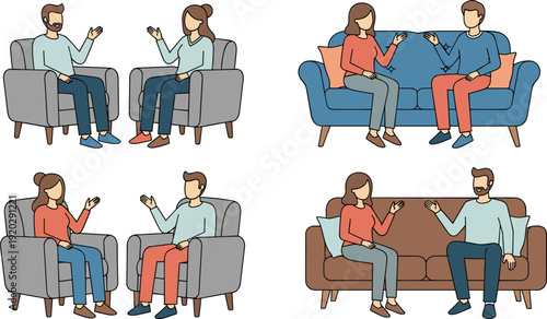 People talking illustration, casual conversation art, interpersonal communication design, counseling session graphic, social interaction concept, dialogue characters on furniture