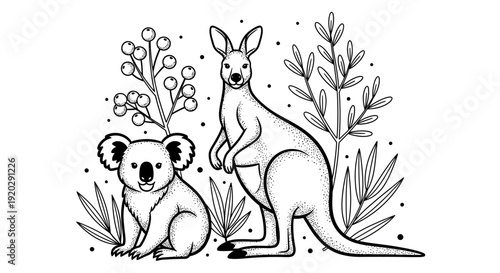 Australian wildlife scene featuring a koala and kangaroo standing together surrounded by native plants and foliage in a serene environment from a front viewpoint