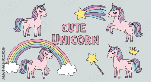 Whimsical unicorns prancing around a rainbow with magic wand and star