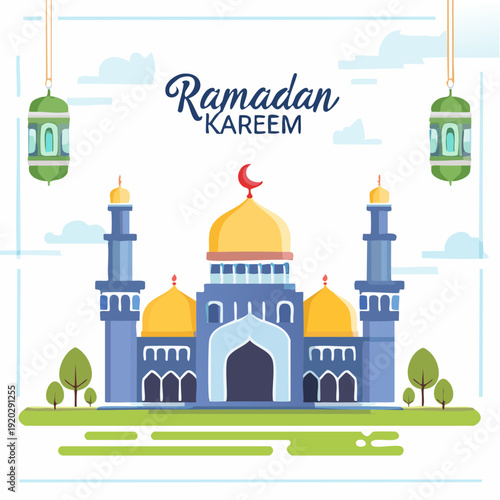 Ramadan Kareem greeting card with mosque and lanterns illustration.