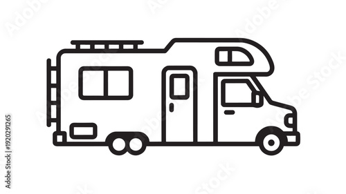 Motorhome camper van line icon with RV side view, travel trailer illustration in bold outline style, isolated on white background for camping and road trip design