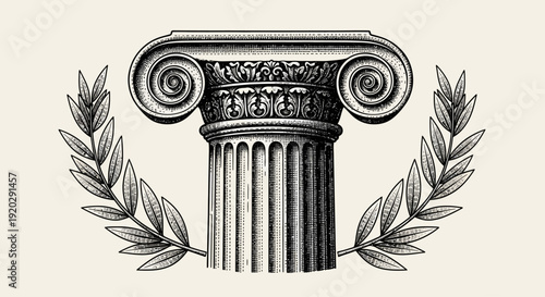 Ancient Greek Column Capital Surrounded by Laurel Wreath Illustration