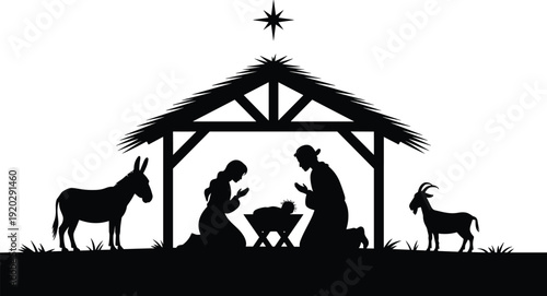 Christmas nativity silhouette scene, holy family Mary Joseph baby Jesus manger star stable vector illustration isolated background design