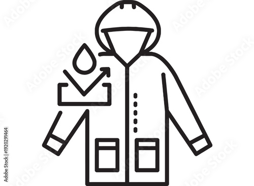 Jacket protective chemical hazard suit icon with hood and mask, line outline style, safety uniform symbol for hazardous materials, industrial workwear pictogram