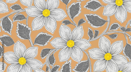 A floral pattern featuring white flowers and gray leaves on an orange background viewed from directly above