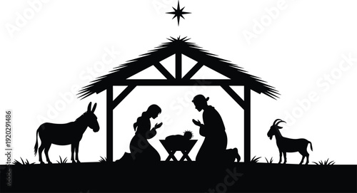 Christmas nativity silhouette scene, holy family Mary Joseph baby Jesus manger star stable vector illustration isolated background