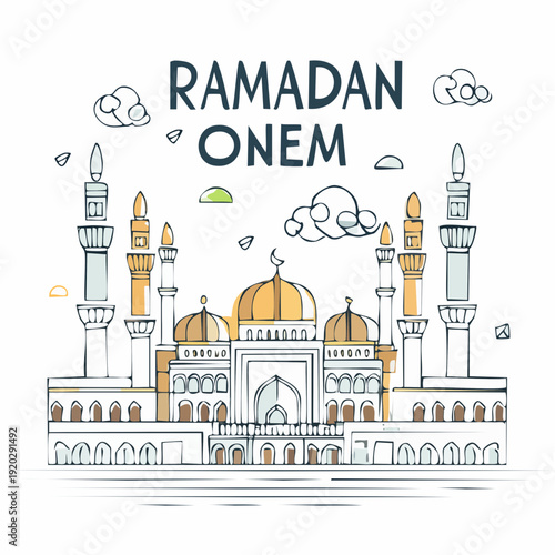 Ramadan Onem mosque illustration with clouds and minarets.