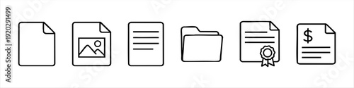 Collection of document, folder, and file line icons. Includes image, text, certificate, and invoice file types for business and digital organization.