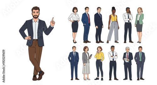 Diverse group of professionals standing together in various business attire, with a man pointing forward in a leadership pose