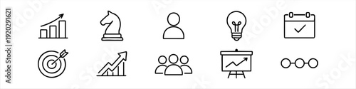 A set of clean, minimalist business and strategy icons representing growth, leadership, planning, and success on a white background.