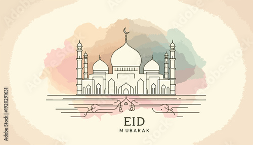 Soft Watercolor Islamic Background with Minimal Mosque Line Art Eid Mubarak Text