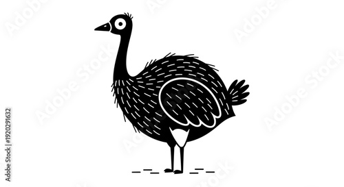 A black and white illustration of an ostrich standing on a plain surface from a side viewpoint