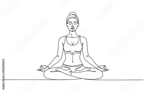 Minimalist one line drawing of woman meditating in lotus pose.