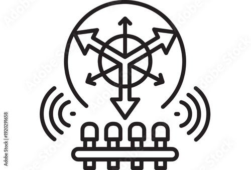 Router wireless network icon with chaos arrows symbol above WiFi signals, minimalist outline pictogram for cybersecurity, internet connectivity, and network management UI