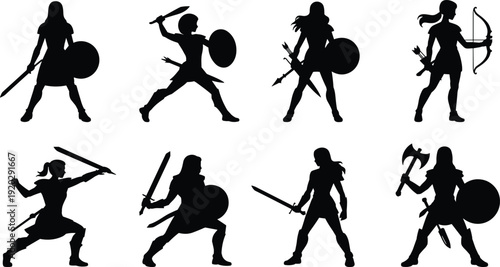 Female warrior silhouettes set, fantasy fighter women with sword shield bow axe, battle pose vector illustration isolated collection