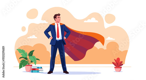 A confident businessman standing heroically with a cape, surrounded by plants and books, in a modern office setting