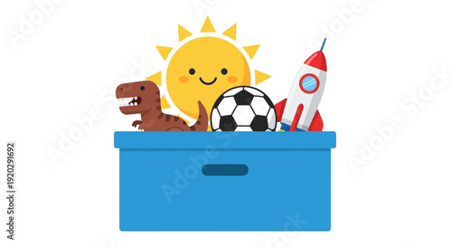 Children's Toy Box Filled with Playful Objects and Smiling Sun on Top