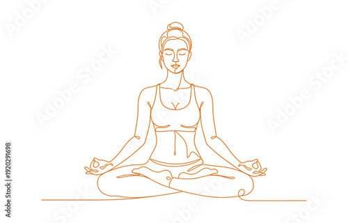 Minimalist one line drawing of woman meditating in lotus pose.