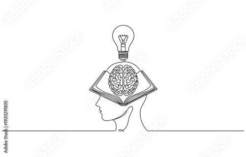 Head with open book and lightbulb continuous line drawing.