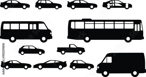 Collection of Vehicle Silhouette Icons Including Cars, Bus, Van and Pickup in Side View Isolated on White Background Vector