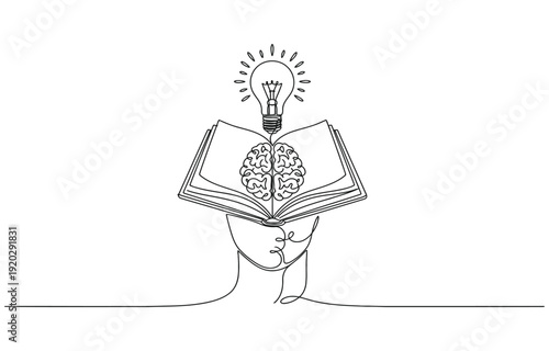 Head with open book and lightbulb continuous line drawing.