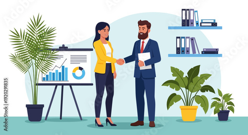 Business professionals shaking hands in a modern office environment surrounded by plants and presentation boards