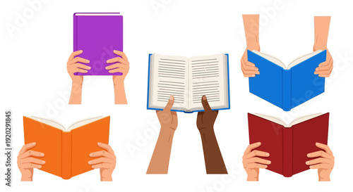 Multiple hands holding various colored books from different viewpoints