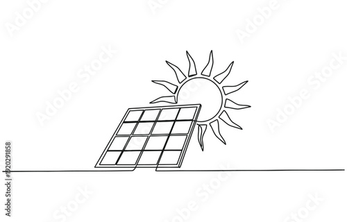 Continuous one line drawing of solar panels and sun, a minimalist illustration.