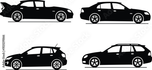 Set of Sedan and Hatchback Car Silhouette Icons in Side View Isolated on White Background Vector Illustration