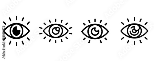 Four stylized eye icons with sunburst lines around them in black on white background