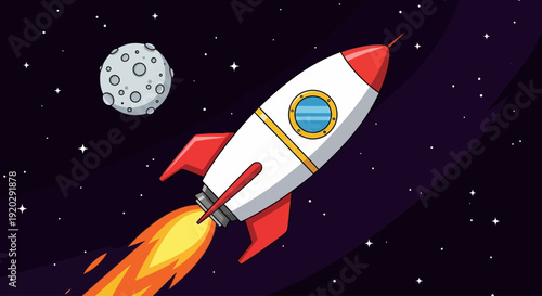 A rocket ship blasting off into outer space with a fiery trail, viewed from a distance in the darkness of the cosmos