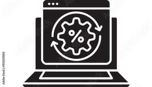 Laptop software update icon with percent gear and circular arrows, black and white vector silhouette for system maintenance, upgrade, sync, settings, and security UI