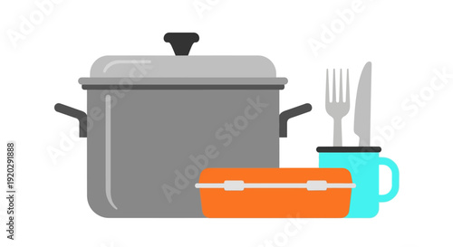 Kitchen utensils and cookware set on a clean surface viewed from the front