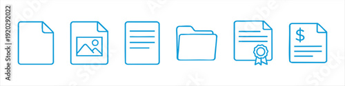 Collection of document, folder, and file line icons. Includes image, text, certificate, and invoice file types for business and digital organization.