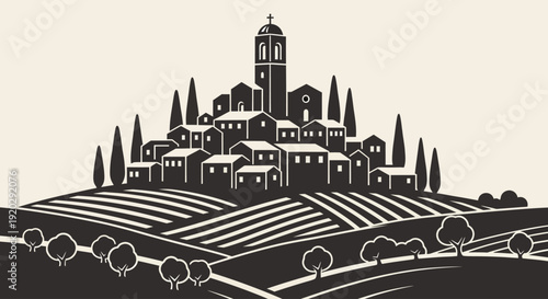 Village landscape with cypress trees and vineyard fields viewed from a distance in a serene countryside