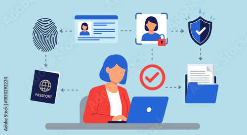 Woman verifying identity documents on laptop with security icons surrounding her, illustrating authentication process and data protection
