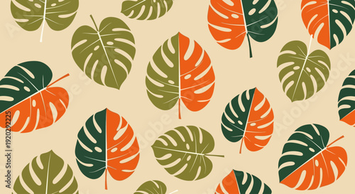 A collection of colorful monstera leaves arranged in a repeating pattern on a neutral background