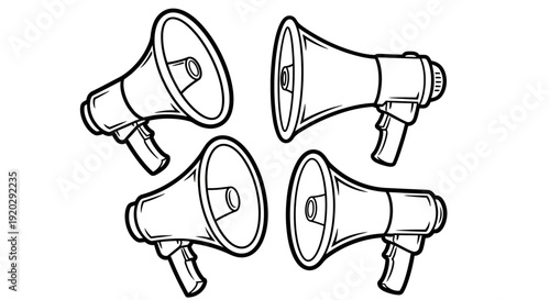 Four megaphones arranged in a square formation, viewed from directly above, appearing as simple line drawings