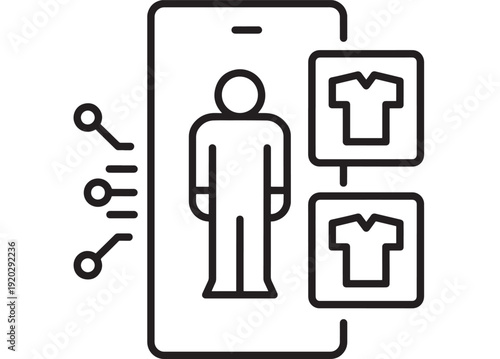 Smartphone shopping icon with user profile and clothing product cards, online fashion ecommerce app interface, minimal outline symbol for mobile retail and UI design