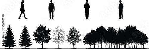 Human and Tree Silhouettes Collection with Forest Landscape Elements, Isolated Black Vector Set for Nature, Environment, and Design Projects