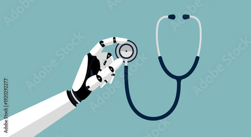 Robot hand holding stethoscope in medical technology illustration