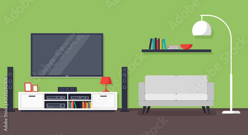 Modern living room interior with sofa, TV, lamp, and bookshelves in a cozy home setting from a frontal viewpoint.
