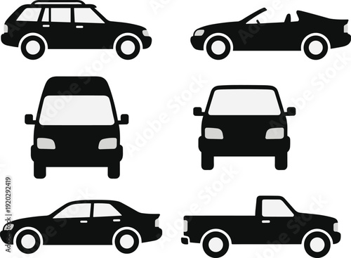 Car silhouette collection featuring sedan, SUV, pickup truck and convertible in side and front views isolated vector set