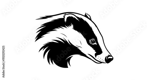 Black and white illustration of a badger's head in profile showcasing detailed fur texture and facial features