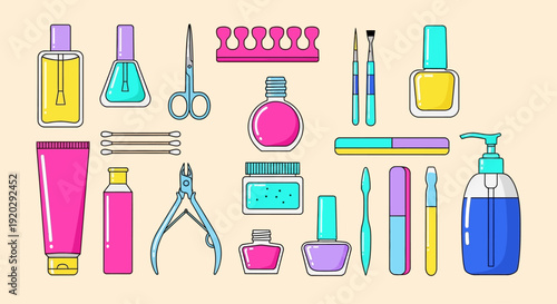 Collection of colorful beauty and grooming products arranged neatly on a flat surface from a top-down viewpoint