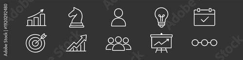 Set of white minimalist line icons for business strategy, growth, team management, and project planning on a dark background.