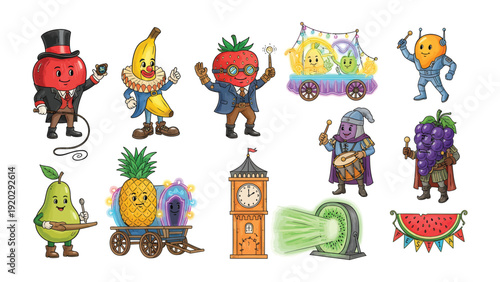 Whimsical Fruit Fiesta: A vibrant and imaginative illustration showcasing a collection of anthropomorphic fruits and a clock tower, perfect for a cheerful design.