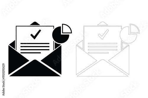 Email with Checkmark and Pie Chart: Data Analysis